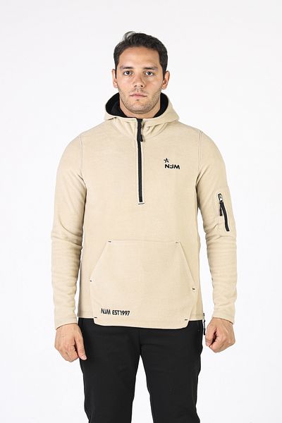 NJM SPORT WEAR Ανδρικό φλις μπεζ μαύρο με μισό φερμουάρ τσέπη με κουκούλα για εξωτερικούς χώρους Slim Fit Winter Sweat