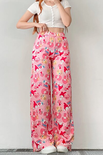 EFBUTİK Pink Kuromi Collage Wide Leg Sweatpants
