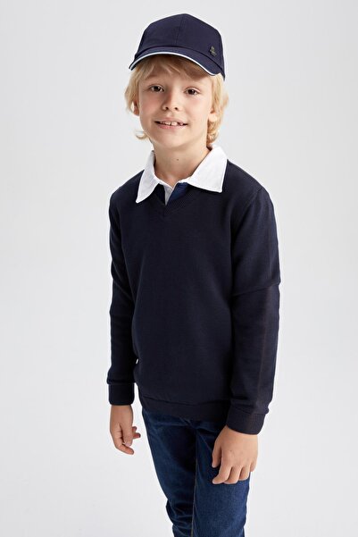 DeFacto Marineblauer Schulpullover mit V-Ausschnitt für Jungen