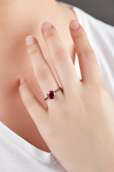 Omorfi Silver Garnet Taşlı (LAL TAŞI) 925 Ayar Gümüş Yuvarlak Tek Taşlı Yüzük