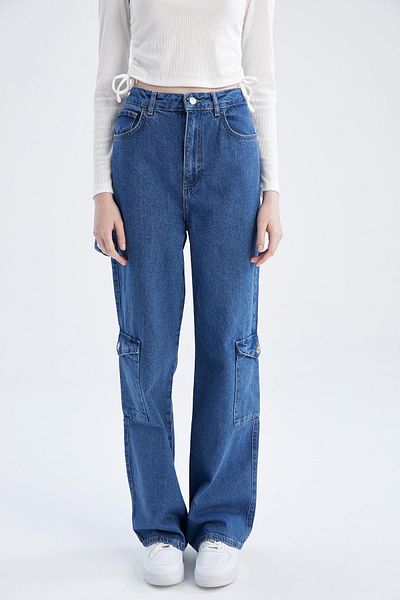 DeFacto Pantaloni 100% bumbac cu picior lat din anii '90, talie înaltă, picior lat, pantaloni cargo extra lungi