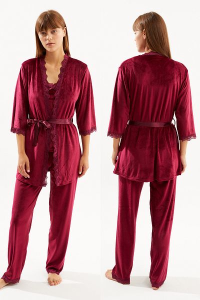 Ecrou Set de pijama din 3 piese pentru femei, din catifea moale, cu mâneci trei sferturi, cu curele de frânghie