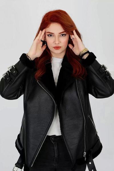 By Marki Marki Black Genuine Leather Coat, Fur Inside, Belted Details, Chic Elegance - 70 Cm -102622