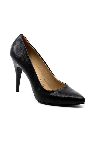 MixBrand Pantofi de damă din piele șifonată neagră cu toc subțire de 10 cm