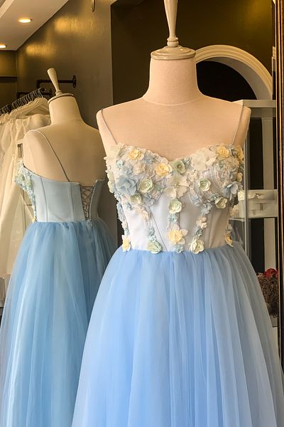 Lenta Moda Ice Blue 3D Floral Midi Length Evening Dress and Evening Gown