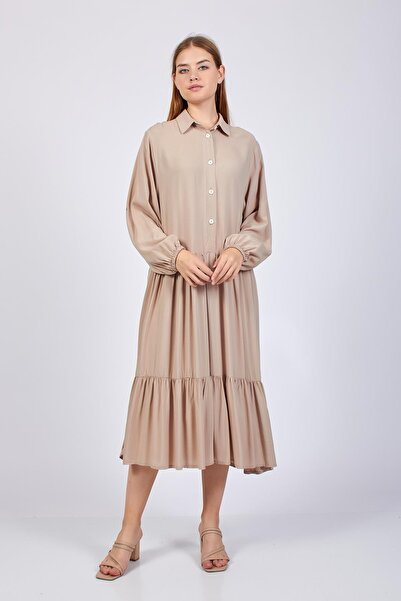 Volanlı Gömlek Yaka Bol Kesim Elbise