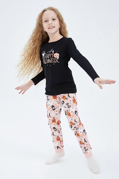 DeFacto Girl's Halloween Themed Combed Cotton Long Sleeve Pajama Set