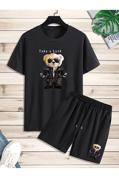 Mythologie Take A Look Bear T-shirt Σορτς Σετ 2 τεμαχίων - Μαύρο, εμπριμέ, Oversize, Crew Neck