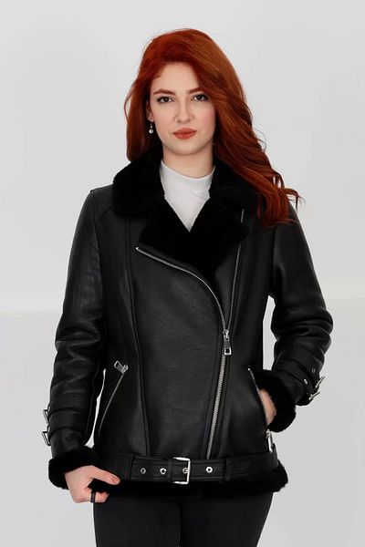 By Marki Marki Black Genuine Leather Coat, Fur Inside, Belted Details, Chic Elegance - 70 Cm -102622