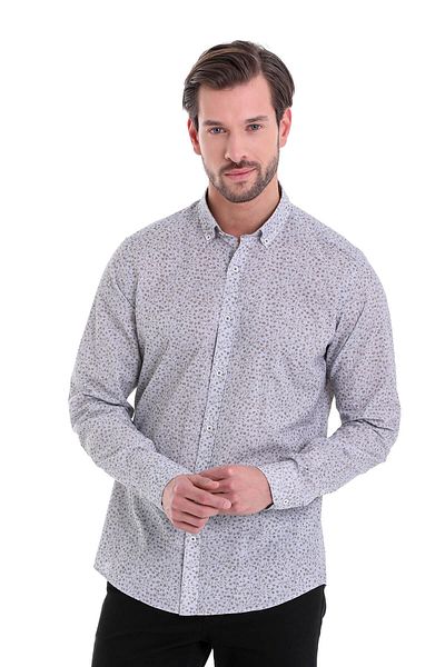 Hatemoğlu Καφέ Slim Fit εμπριμέ 100% βαμβακερό γιακά με μακρυμάνικο πουκάμισο