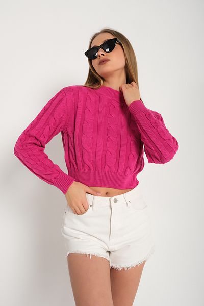nosia fashion Pulover scurt fucsia cu jumătate de gât împletit