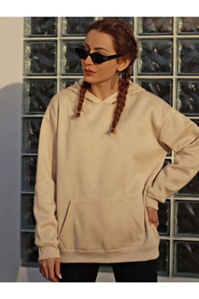 Benisengiydir Women's Beige Vintage Eagle Back Printed Oversize Hooded Sweatshirt