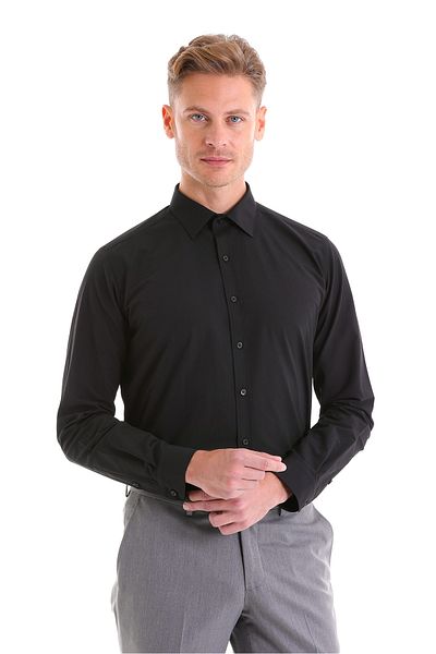 Hatemoğlu Μαύρο Slim Fit Απλό βαμβακερό μακρυμάνικο πουκάμισο με λεπτή λαιμόκοψη