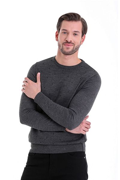 Hatemoğlu Gray Regular Fit Patterned Crew Neck Woolen Sweater