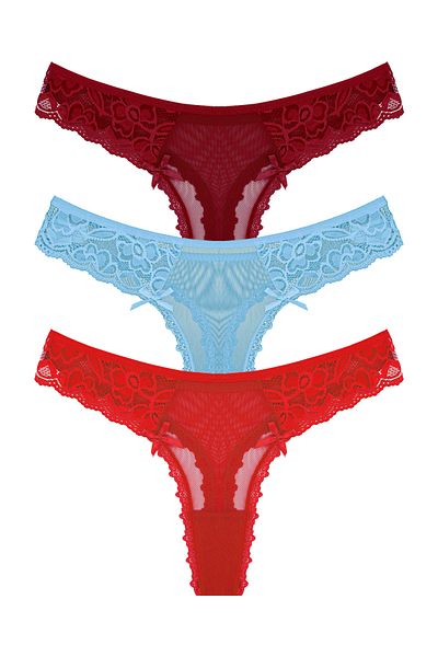 Zena 3-Piece Thong Women's Panties with Tulle and Lace Detail on the Front and Back