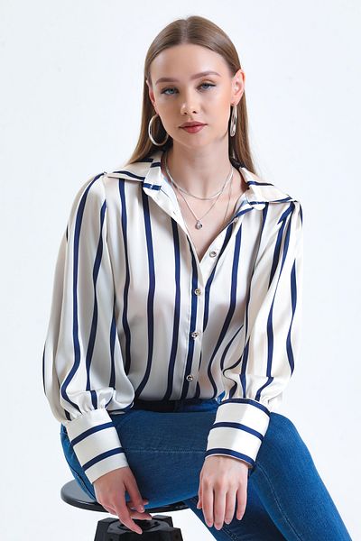 MD trend Women's Ecru Balloon Sleeve Gather Detailed Oversize Striped Satin Shirt
