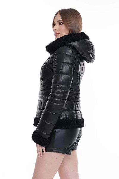 By Marki Marki Inflatable Genuine Leather Coat, Black Hooded Inflatable Coat, Skirt and Hood Fur Detail, Women's -109022