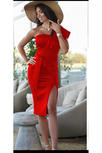 Secret Passion Lingerie Esnek Kırmızı Scuba Kumaş Şık Midi Boy Abiye Elbise Mezuniyet Elbisesi Emr-581705 618