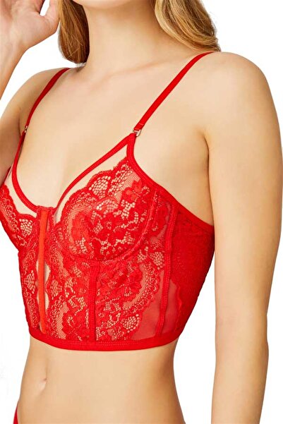 Cottonhill Kırmızı Ayarlanabilir Lastikli Balenli Transparan Dantelli Bralet