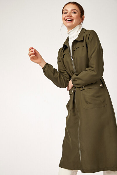 Bigdart 5677 Front Zippered Hijab Trenchcoat - Khaki