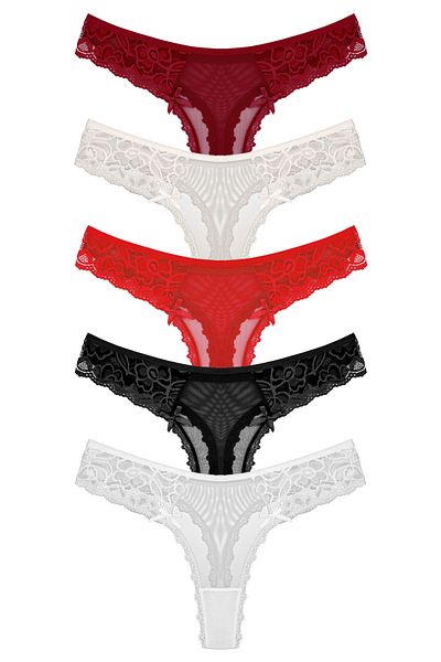 Zena 5-Piece Tulle Lace Detailed Thong Women's Panties