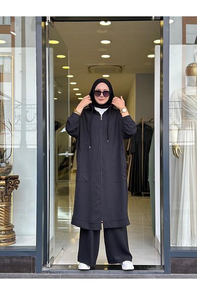 NS Moda Hijab Zippered Cap, Trousers Set Black Model-439
