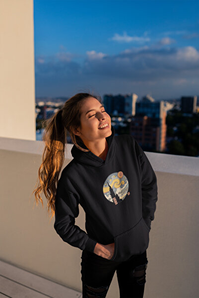 Harmandar Φούτερ με κουκούλα με κουκούλα με κουκούλα σε μαύρο καγκουρό, Unisex, με έναστρο νυχτερινό εμπριμέ