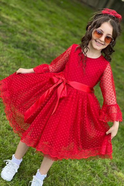 ABİYEKİDS Polka Dot Model Red Children's Evening Dress April 23 Gown Abiyekids001