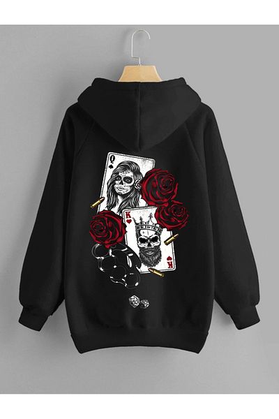 DEEPSENCE Black Hooded Oversize Sweatshirt Roseskull Print