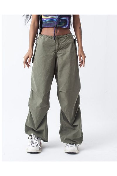 Gofeel Unisex Khaki Green Tactical Baggy Loose Fit Waist Elastic Oversize Pants