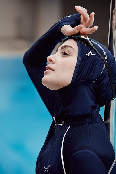 Haşema Performance Series Shoulder Honeycomb Texture Detailed Navy Blue Lycra 4 Piece Hijab Swimsuit Set H-per