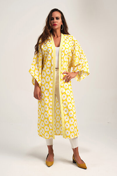 Marever Fashion Çiçekli Marin Terrycotton Sarı Kimono Kaftan