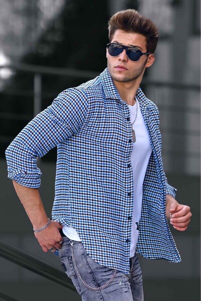 Madmext Pánská modrá kostkovaná dřevorubecká košile s dlouhým rukávem 4685