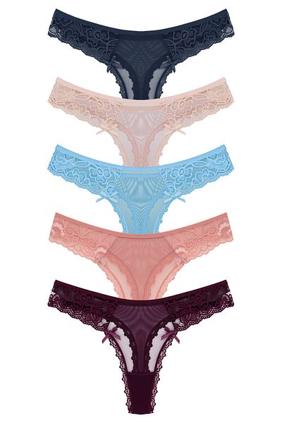 Zena 5-Piece Tulle Lace Detailed Thong Women's Panties