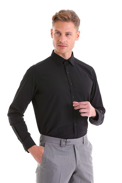 Hatemoğlu Μαύρο Slim Fit Απλό βαμβακερό μακρυμάνικο πουκάμισο με λεπτή λαιμόκοψη