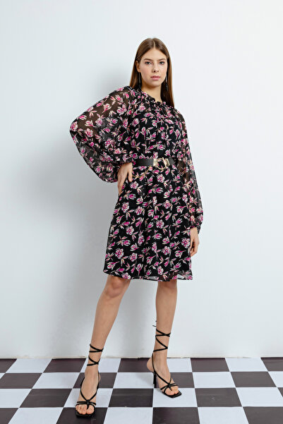 Lafaba Dámské černé šaty s květinovým vzorem s páskem