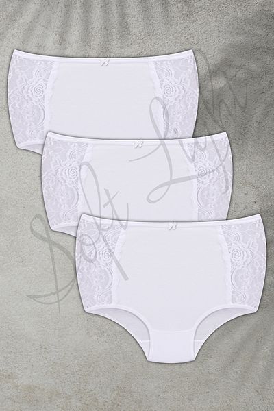 SOFT Chiloți de damă, alb, cu talie înaltă, de recuperare, din bumbac dantelat, pachet de 3