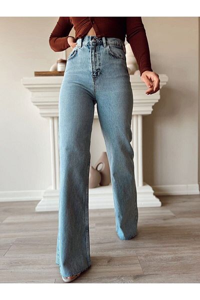 Trn JNS Pantaloni de damă Power Lycra, albastru mediu, spălat cu zăpadă, cu talie super înaltă, din lycra, cu picioare largi