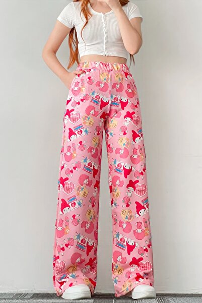 EFBUTİK Pink Kuromi Collage Wide Leg Sweatpants