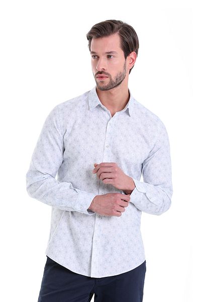 Hatemoğlu Μπλε Slim Fit εμπριμέ 100% βαμβακερό γιακά με μακρυμάνικο πουκάμισο