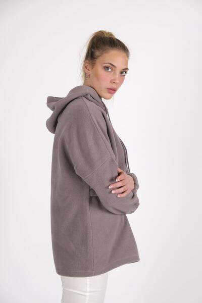 CHUBA Kadın Gri Kapüşonlu Oversize Outdoor Retro Polar Hoodie 22wk299