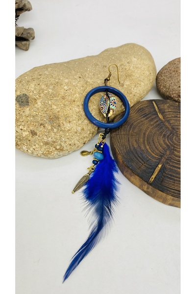 Porsuk Alternatif El yapımı ahşap halkalı tüy kadın küpe