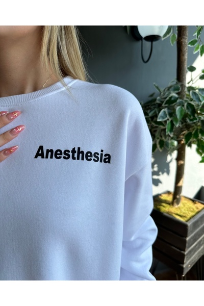 Benisengiydir White Anesthesia Printed Oversize Crew Neck Women's Sweatshirt