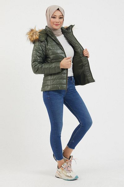 Modamihram Hooded Short Quilted Coat Khaki 12262