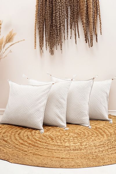 Nish & Royal Handmade White Buldan Cloth Authentic Organic Cotton Tasseled Throw Pillow Cover