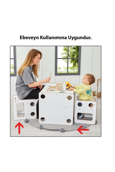 Minera 0-6 Yaş Saka Ahşap Montessori Aktivite Oyun Çalışma Masa Ve Sandalye Seti(1 Masa+2 Sandalye)