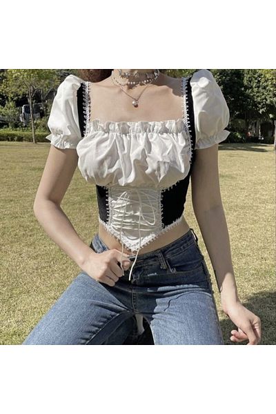 Köstebek Tricou bluză alb-negru în stil medieval Harajuku