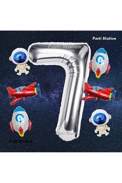 Parti Station Silver Color Number Balloon Space Concept 7 Years Birthday Balloon Set Galaxy Astronaut Space Rocket Balloon