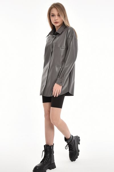 Grenj Fashion Δερμάτινο πουκάμισο Anthracite Oversize με λεπτομέρεια τσέπης