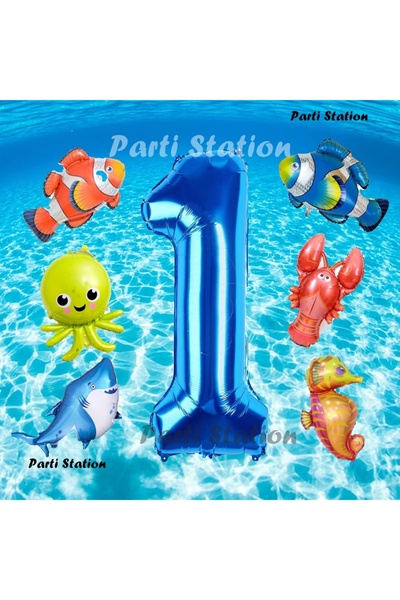 Parti Station Okyanus Hayvanları 1 Yaş Doğum Günü Balon Set Deniz Canlıları K...